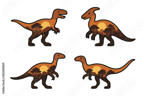 Stylized prehistoric dinosaur silhouettes with double exposure effect, savanna landscape and sunset