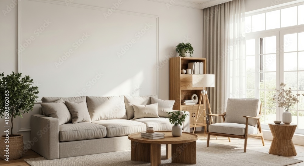 Fototapeta premium Interior living room shot with modern furniture featuring neutral colors and natural light.