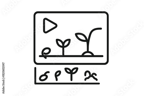 Educational graphic showing the sequential process of plant sprouting and growth on a video interface screen