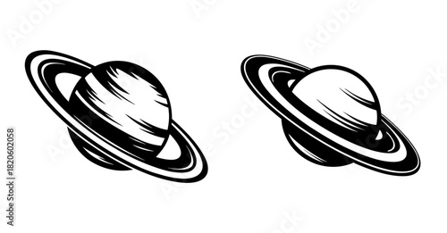 Two iconic saturn silhouettes hand drawn style featuring distinct rings and planetary bands