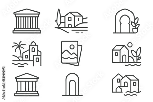 Minimalist line icons of travel and architecture landmarks including temples, coastal houses, and landscapes