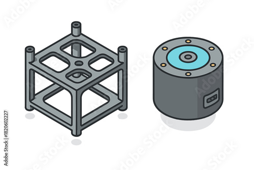 Isometric view of a CubeSat frame structure and cylindrical satellite component module