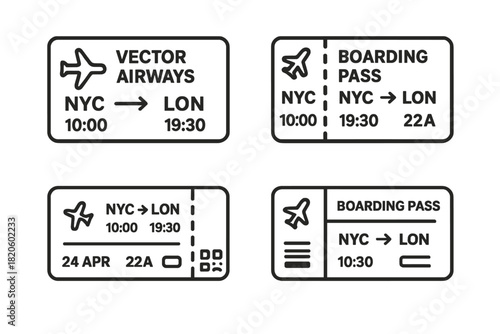 Set of minimalist line art icons representing airline boarding passes and flight tickets