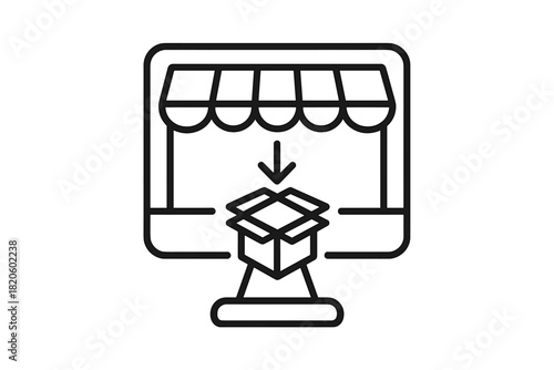 Digital marketplace fulfillment process symbol with package and computer display