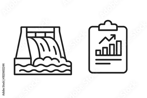 Hydroelectric dam structure generating renewable energy and business clipboard showing financial growth chart