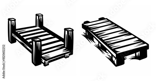 Two wooden dock structures side by side depicting maritime and waterfront scenes