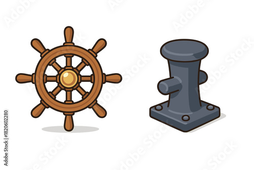 Wooden ship steering wheel and metal mooring bollard set for maritime design