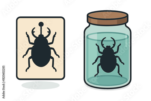 Stylized icon and preserved specimen of a large beetle in a glass jar