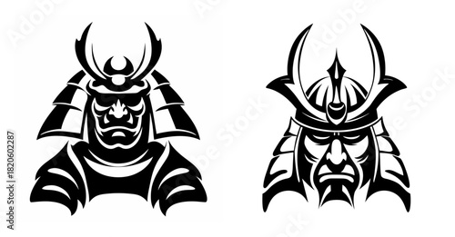 Two fierce samurai warrior helmets with traditional armor and menacing faces boldly rendered