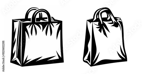 Two stylized shopping bags with handles depicted in a bold black and white sketch style for retail and commercial use.