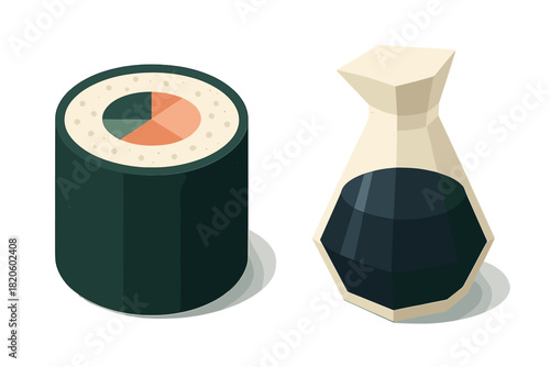 Stylized low poly sushi maki roll and soy sauce container isolated on white