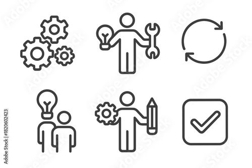 Business development concepts featuring gears, ideas, service, and design