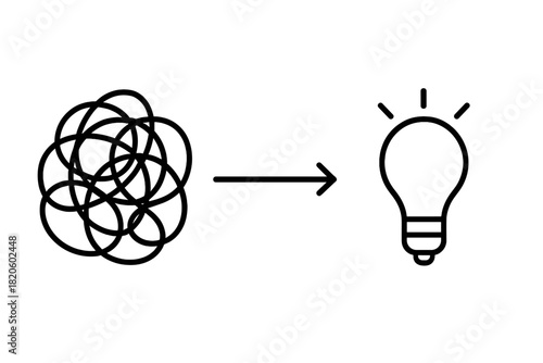 Tangled mess transforming into bright light bulb symbolizing problem solving and clarity