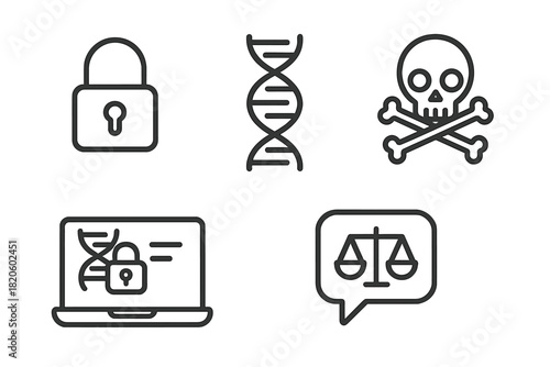 Outline symbols representing cybersecurity, genetic research, biohazard warning, and legal consultation