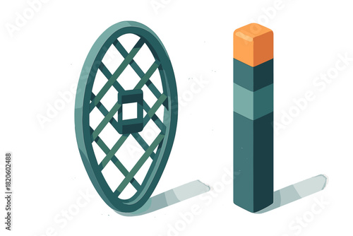 Abstract geometric shapes with lattice wheel and striped rectangular column in isometric view