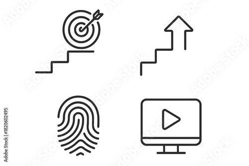 Outline icons set for business goals, career growth, digital security, and online video streaming