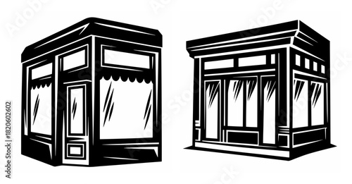 Two stylized storefronts with large display windows and awnings shown in a black and white graphic style
