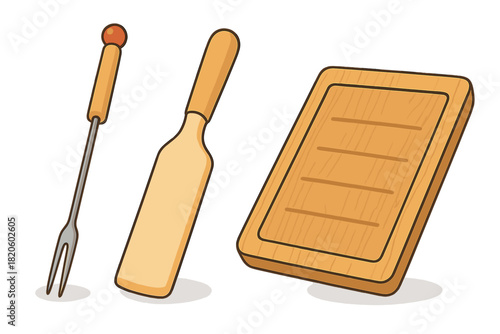 Wooden cutting board, serving spatula, and metal fondue fork set for kitchen or barbecue preparation