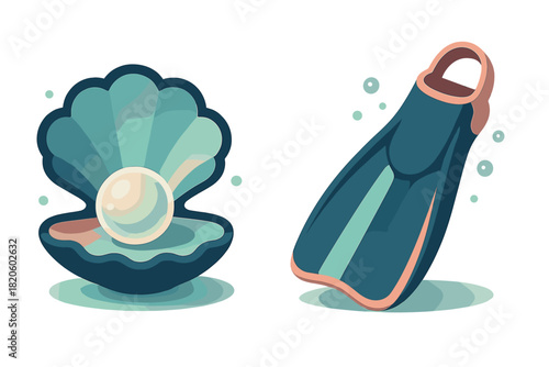 Stylized open oyster shell with a precious pearl and a scuba diving flipper