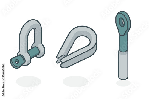 Isometric set of rigging hardware components: bow shackle, wire rope thimble, and rod end fitting