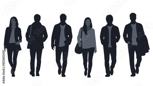 Vector silhouettes of a group of young casual people walking forward