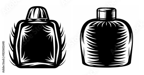 Two classic sunscreen bottles depicted in a bold black and white artistic style