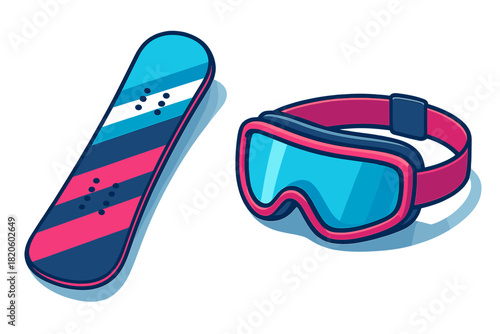 Snowboard and ski goggles set for winter sports and extreme mountain activities