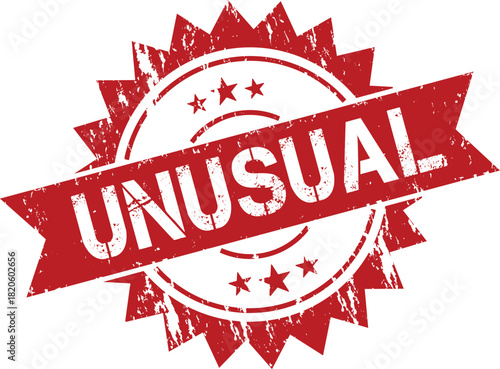 Red stamp with the word UNUSUAL on a banner, with a starburst design.