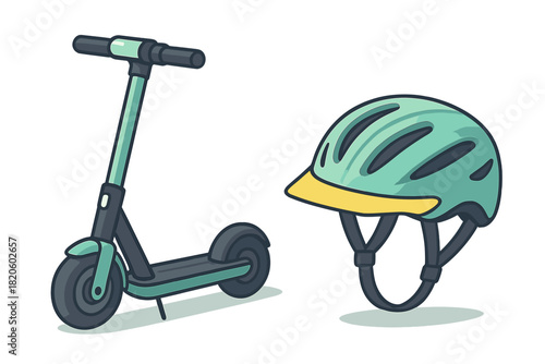 Teal and gray electric scooter next to a matching safety helmet for urban riding protection