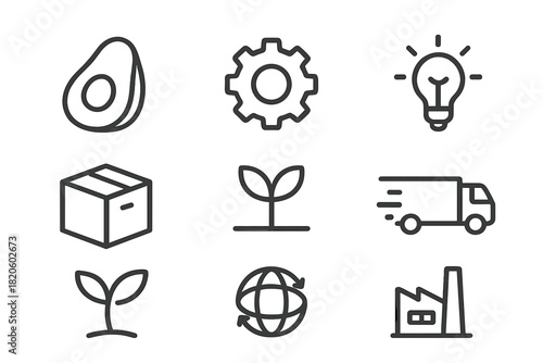 Essential business and sustainability symbols covering logistics, innovation, and industry concepts