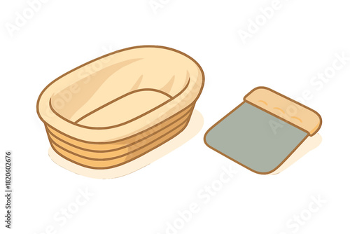 Traditional oval banneton proofing basket and metal dough scraper for artisan bread