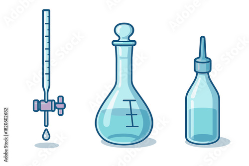 Chemistry laboratory glassware set including burette flask and bottle