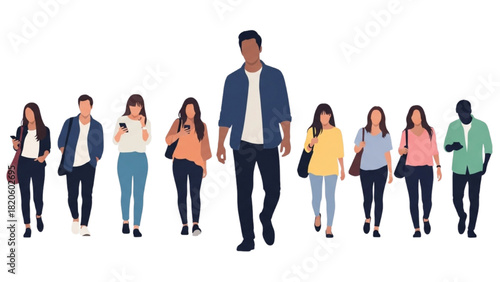 Diverse group of young people and students walking forward together, many using their smartphones