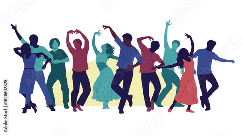 Dynamic silhouettes of diverse individuals celebrating shared joy and energetic movement through dance