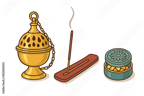 Traditional incense burning tools set featuring a golden censer, burning stick, and resin container