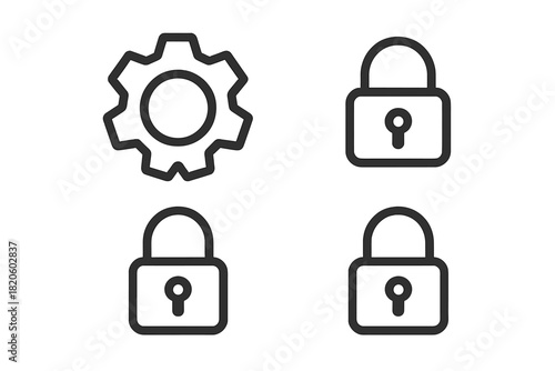 Essential outline interface icons set featuring gear symbol and closed padlocks for security and configuration
