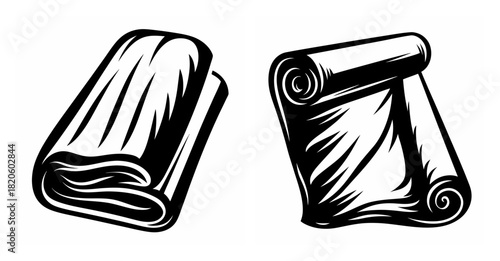 Two hand-drawn style towel icons one folded neatly and one rolled up in black and white