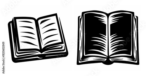 Two open books icons simple black and white clip art style images visualizing knowledge and reading