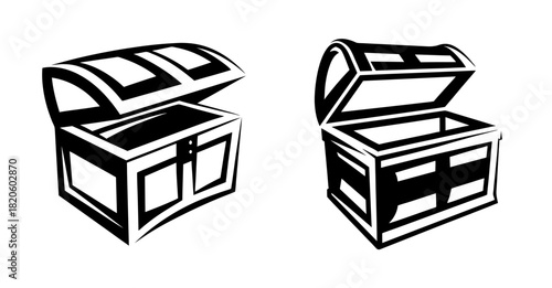 Two open antique wooden treasure chests with metal banding revealing empty interiors for riches or secrets