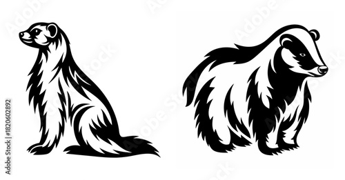 Two stylized black and white drawings of animals featuring stripes like a badger and a ferret