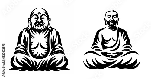 Two sitting buddha statues in black and white featuring a smiling figure and a serene meditative pose