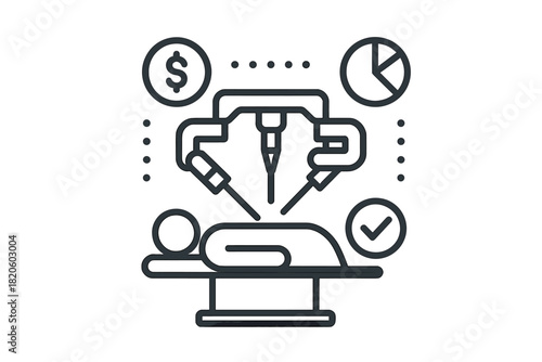 Advanced robotic surgery system operating on a patient with symbols for cost analysis and successful outcomes
