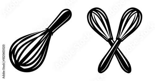 Two hand-drawn whisks a single whisk and crossed whisks for culinary baking and kitchen preparation