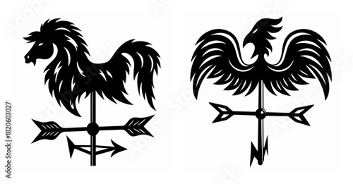 Vintage silhouette metal weather vanes featuring horse and eagle rooftop decorations