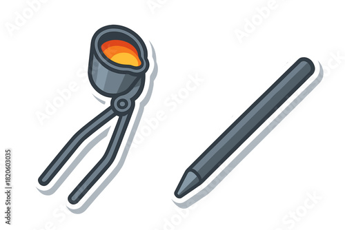 Graphic representation of a foundry crucible containing molten material, held securely by tongs, next to a metal rod tool