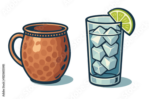 Hammered copper mug and tall cocktail glass filled with ice and fresh lime garnish