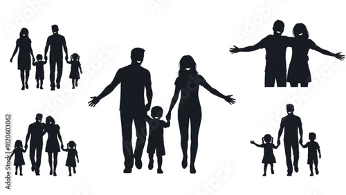 A collection of black silhouettes depicting a happy and loving family with two children