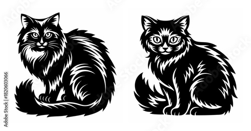 Charming black fluffy cats sitting serenely two adorable felines rendered in a whimsical artistic style