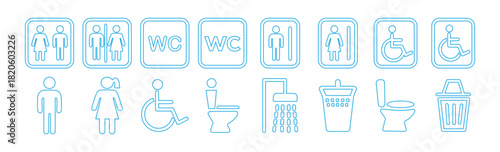 Washroom signs. WC icon set. Toilet, restroom, man and woman, bathroom, disabled, dumpster, toilet paper, infant -stock vector.