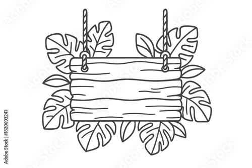Hanging wooden sign board surrounded by lush tropical jungle leaves and ropes